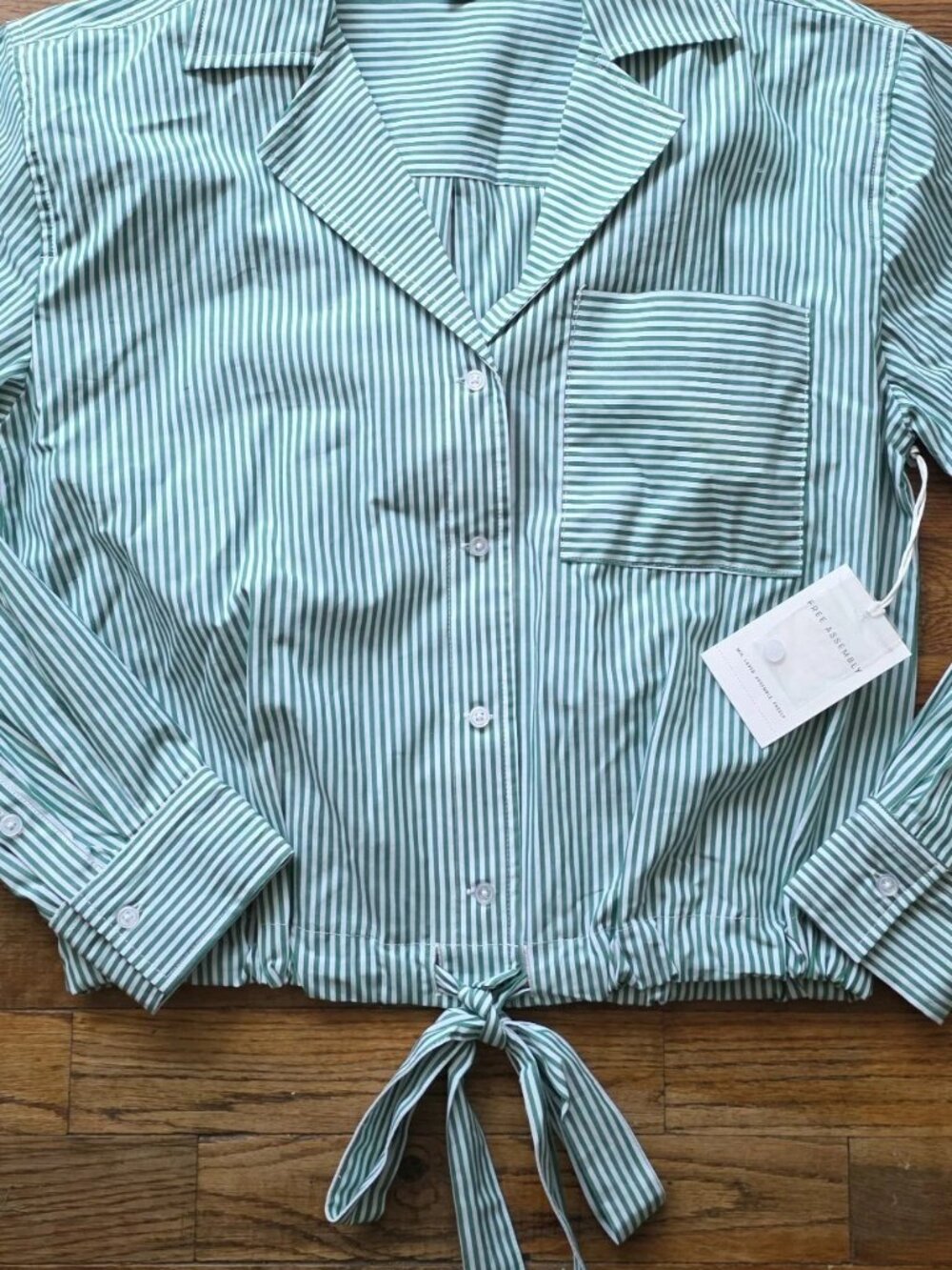 Free Assembly Womens Cotton Poplin Tie Waist Shirt Forest Green White Stripe NWT